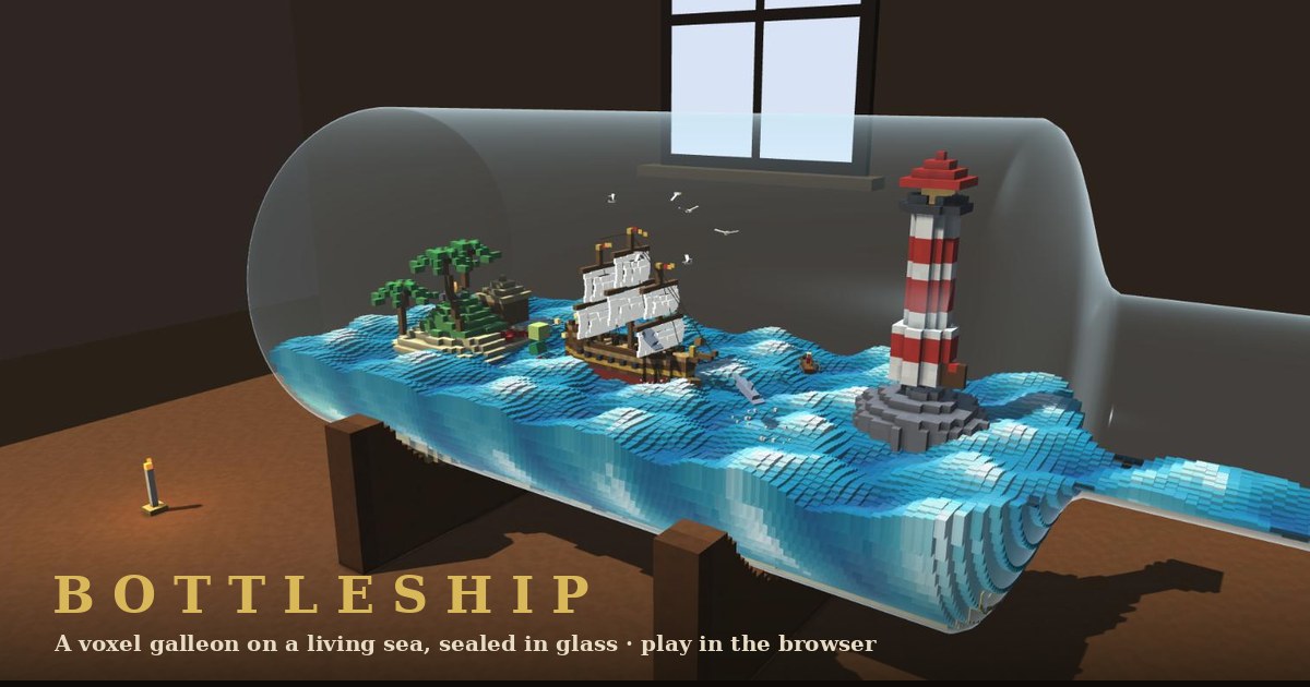 Bottleship: a voxel galleon sailing inside a glass bottle