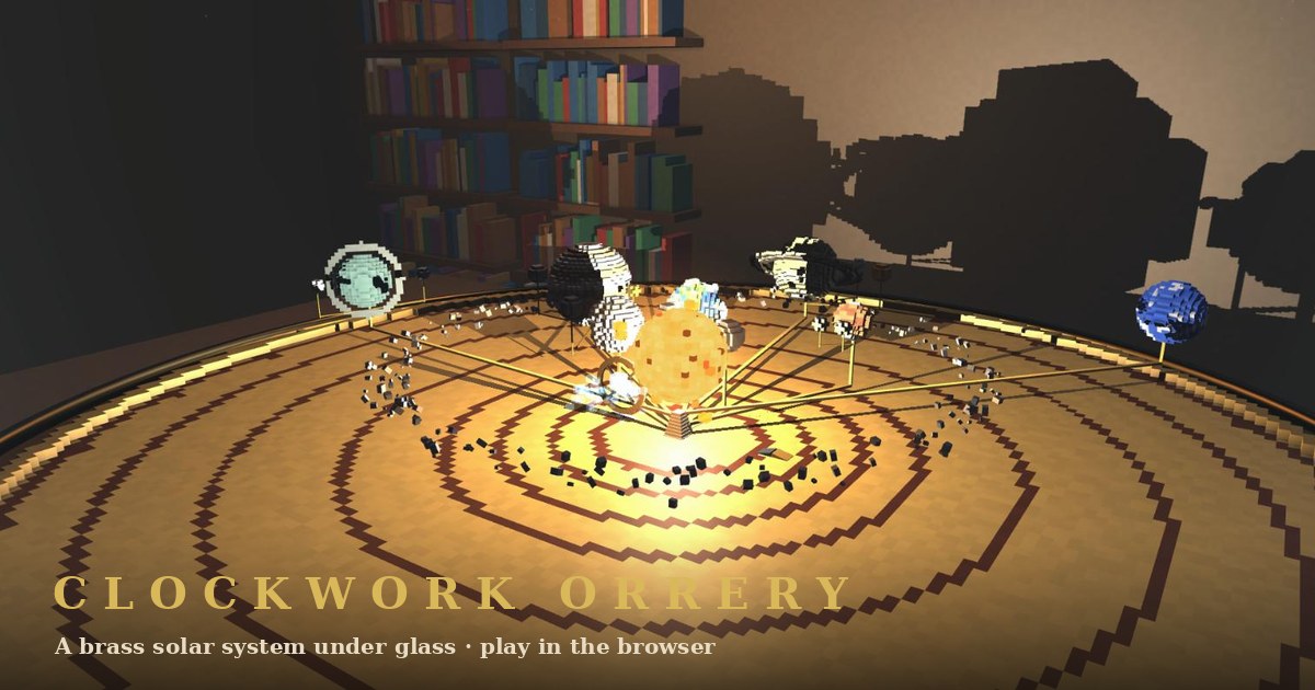 Clockwork Orrery: a voxel brass orrery under a glass dome