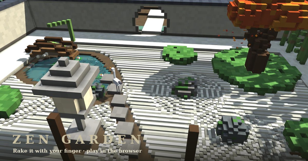 Zen Garden: a voxel Japanese dry garden with raked gravel and a koi pond